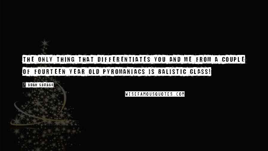 Adam Savage Quotes: The only thing that differentiates you and me from a couple of fourteen year old pyromaniacs is balistic glass!