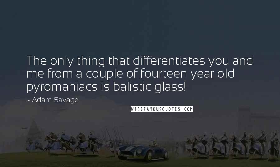 Adam Savage Quotes: The only thing that differentiates you and me from a couple of fourteen year old pyromaniacs is balistic glass!
