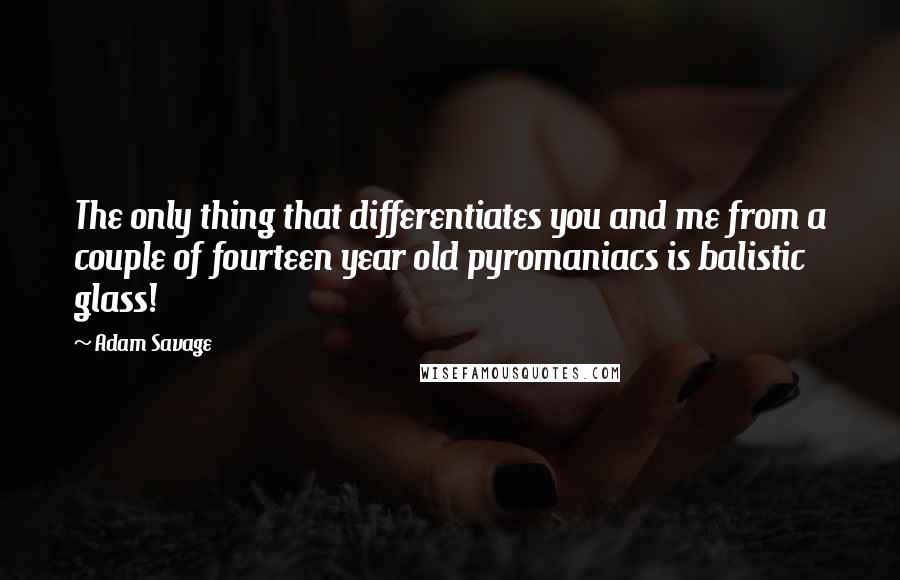 Adam Savage Quotes: The only thing that differentiates you and me from a couple of fourteen year old pyromaniacs is balistic glass!