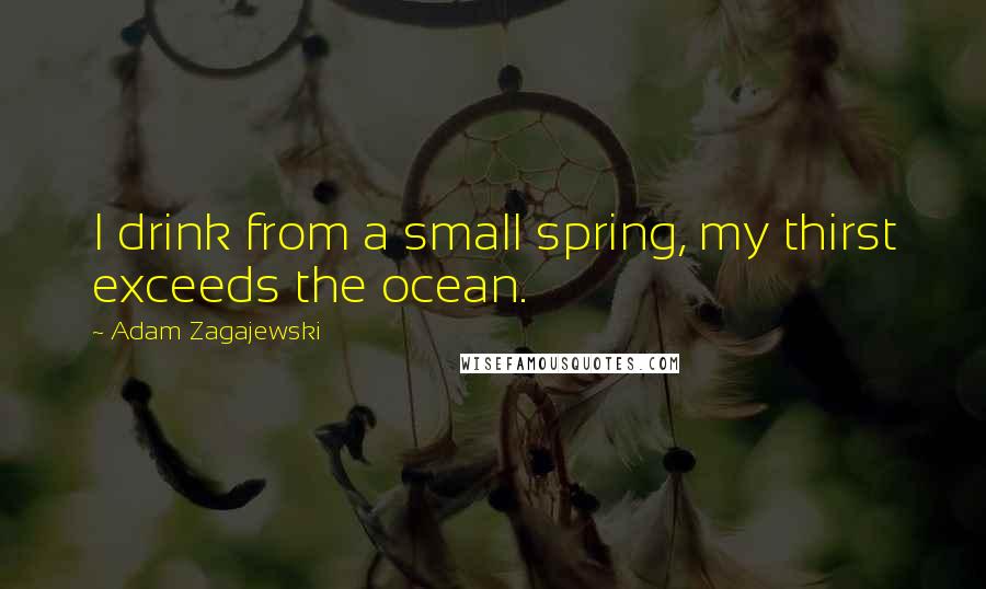 Adam Zagajewski Quotes: I drink from a small spring, my thirst exceeds the ocean.