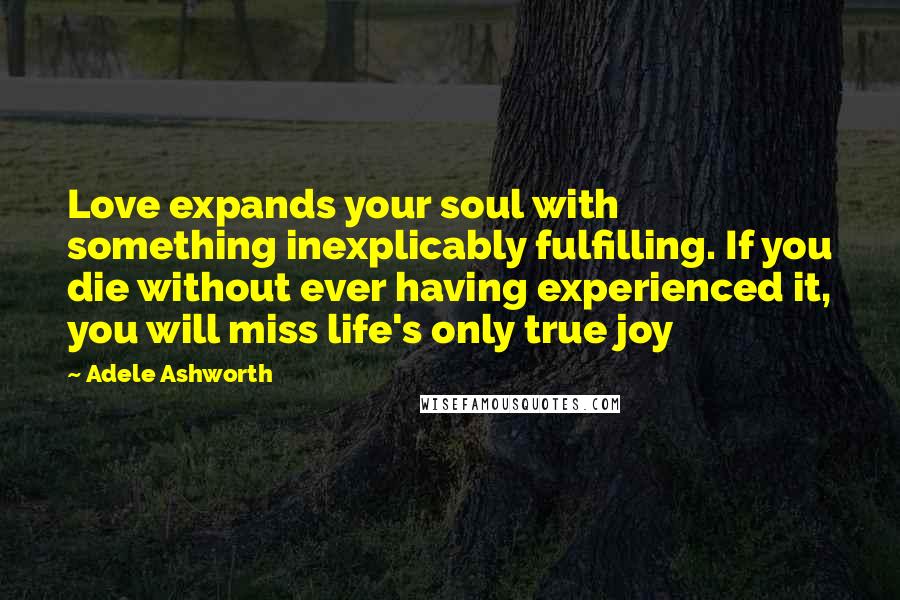 Adele Ashworth Quotes: Love expands your soul with something inexplicably fulfilling. If you die without ever having experienced it, you will miss life's only true joy