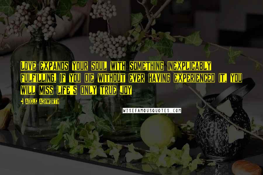 Adele Ashworth Quotes: Love expands your soul with something inexplicably fulfilling. If you die without ever having experienced it, you will miss life's only true joy