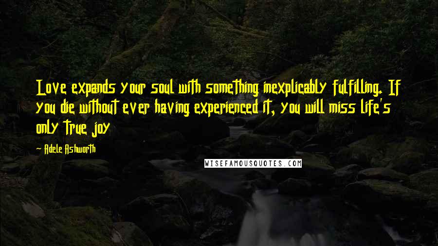 Adele Ashworth Quotes: Love expands your soul with something inexplicably fulfilling. If you die without ever having experienced it, you will miss life's only true joy