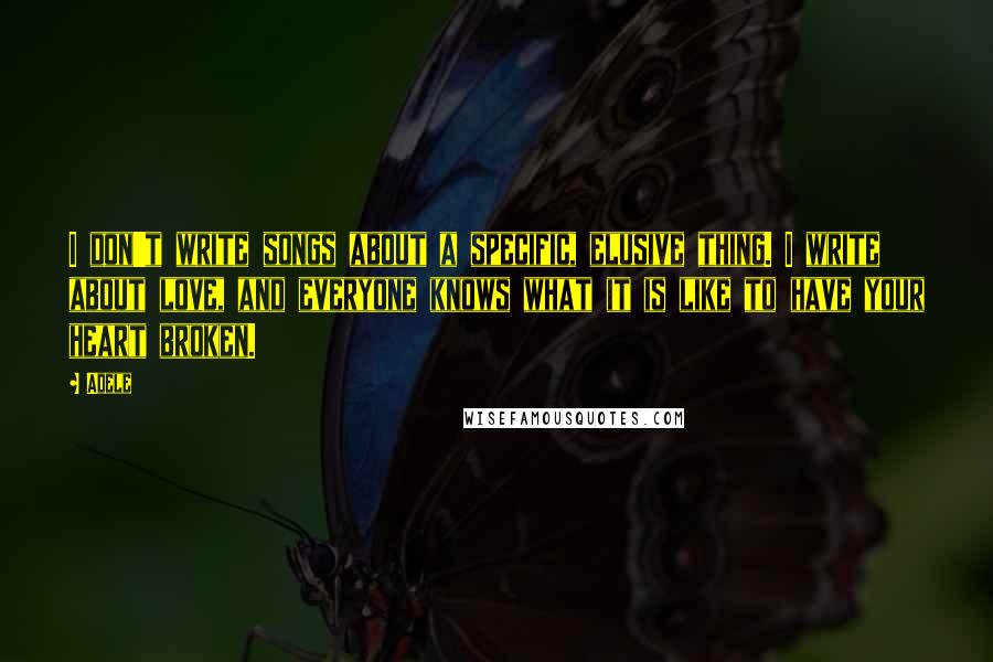 Adele Quotes: I don't write songs about a specific, elusive thing. I write about love, and everyone knows what it is like to have your heart broken.