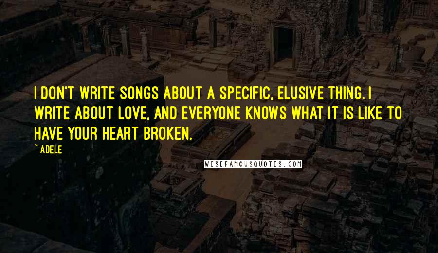 Adele Quotes: I don't write songs about a specific, elusive thing. I write about love, and everyone knows what it is like to have your heart broken.