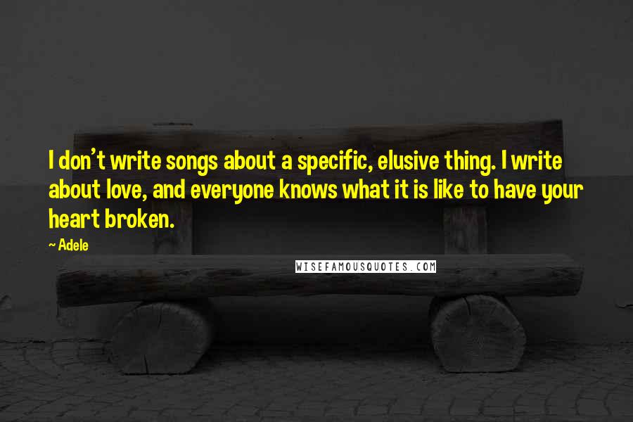 Adele Quotes: I don't write songs about a specific, elusive thing. I write about love, and everyone knows what it is like to have your heart broken.