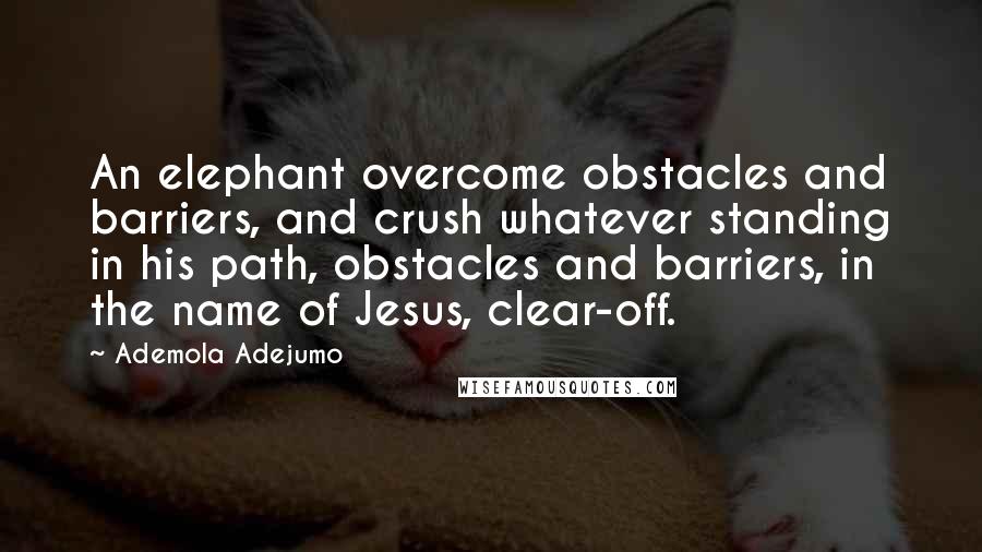 Ademola Adejumo Quotes: An elephant overcome obstacles and barriers, and crush whatever standing in his path, obstacles and barriers, in the name of Jesus, clear-off.