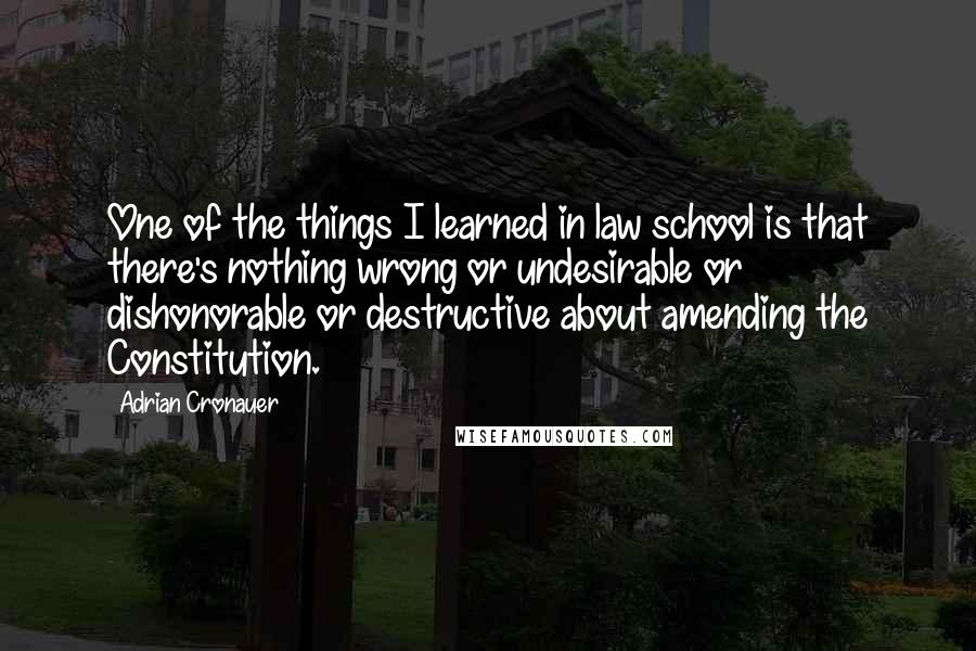 Adrian Cronauer Quotes: One of the things I learned in law school is that there's nothing wrong or undesirable or dishonorable or destructive about amending the Constitution.