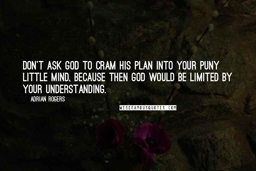 Adrian Rogers Quotes: Don't ask God to cram His plan into your puny little mind, because then God would be limited by your understanding.