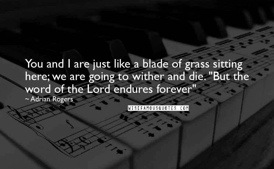 Adrian Rogers Quotes: You and I are just like a blade of grass sitting here; we are going to wither and die. "But the word of the Lord endures forever"