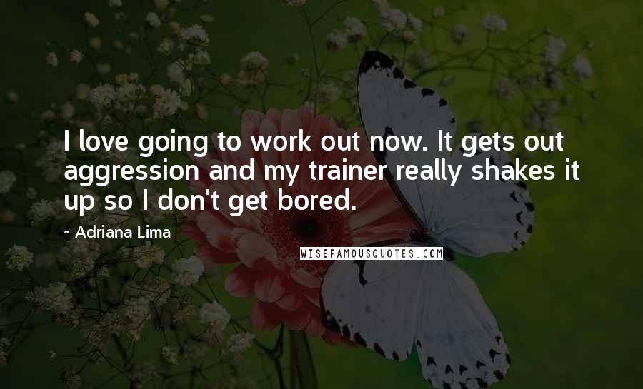 Adriana Lima Quotes: I love going to work out now. It gets out aggression and my trainer really shakes it up so I don't get bored.