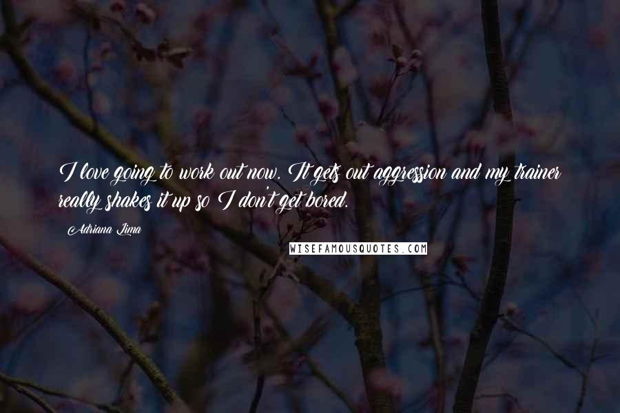 Adriana Lima Quotes: I love going to work out now. It gets out aggression and my trainer really shakes it up so I don't get bored.
