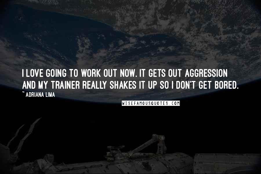 Adriana Lima Quotes: I love going to work out now. It gets out aggression and my trainer really shakes it up so I don't get bored.