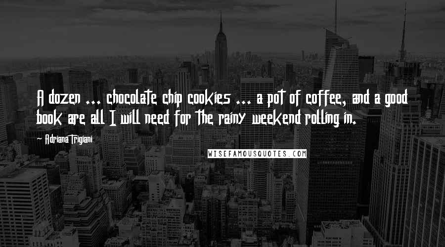 Adriana Trigiani Quotes: A dozen ... chocolate chip cookies ... a pot of coffee, and a good book are all I will need for the rainy weekend rolling in.