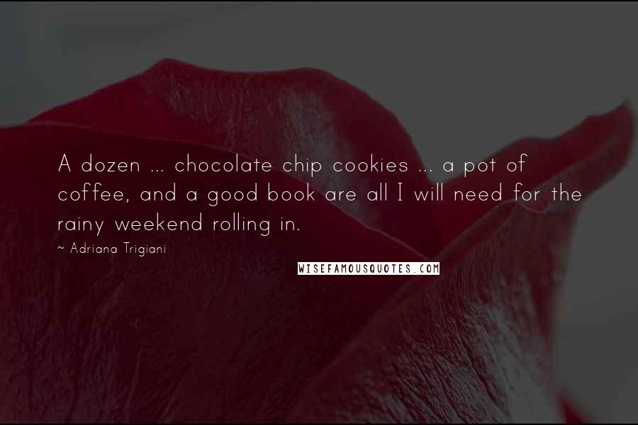 Adriana Trigiani Quotes: A dozen ... chocolate chip cookies ... a pot of coffee, and a good book are all I will need for the rainy weekend rolling in.