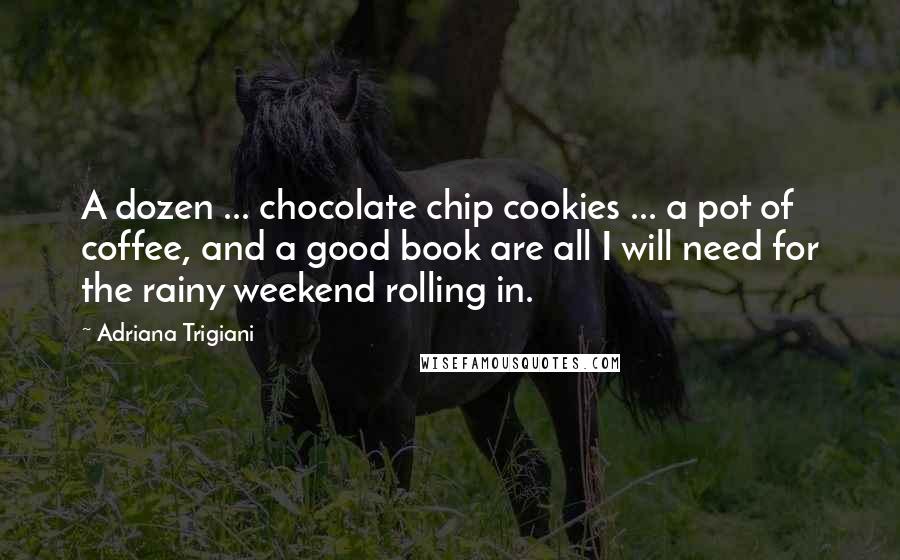 Adriana Trigiani Quotes: A dozen ... chocolate chip cookies ... a pot of coffee, and a good book are all I will need for the rainy weekend rolling in.