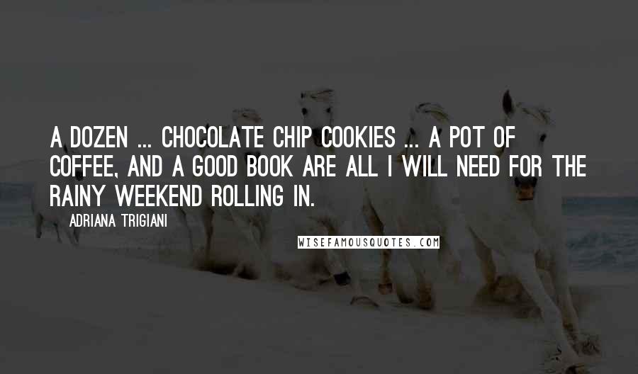 Adriana Trigiani Quotes: A dozen ... chocolate chip cookies ... a pot of coffee, and a good book are all I will need for the rainy weekend rolling in.