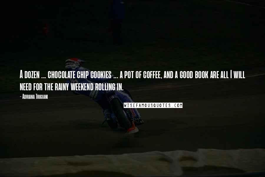 Adriana Trigiani Quotes: A dozen ... chocolate chip cookies ... a pot of coffee, and a good book are all I will need for the rainy weekend rolling in.