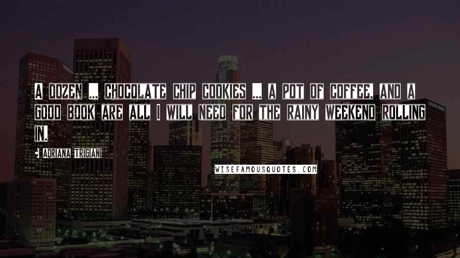 Adriana Trigiani Quotes: A dozen ... chocolate chip cookies ... a pot of coffee, and a good book are all I will need for the rainy weekend rolling in.