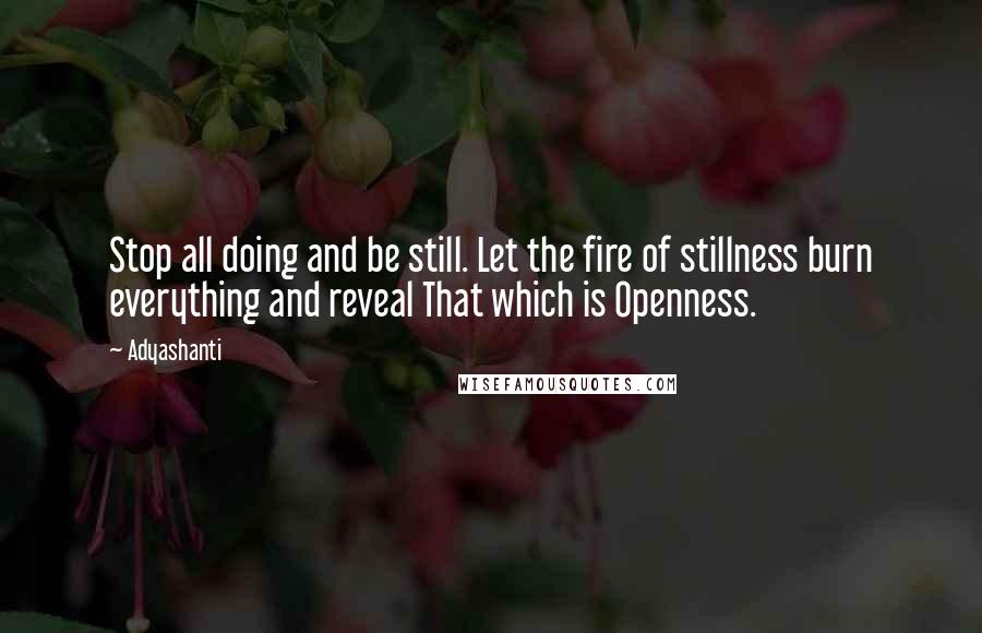 Adyashanti Quotes: Stop all doing and be still. Let the fire of stillness burn everything and reveal That which is Openness.