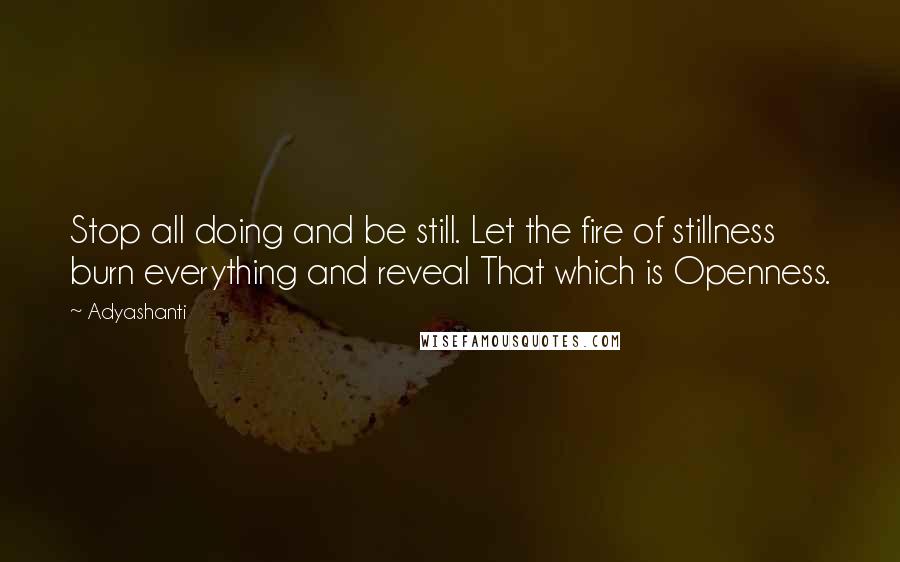 Adyashanti Quotes: Stop all doing and be still. Let the fire of stillness burn everything and reveal That which is Openness.