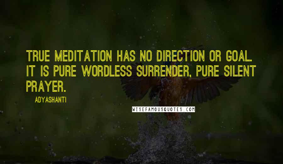 Adyashanti Quotes: True meditation has no direction or goal. It is pure wordless surrender, pure silent prayer.