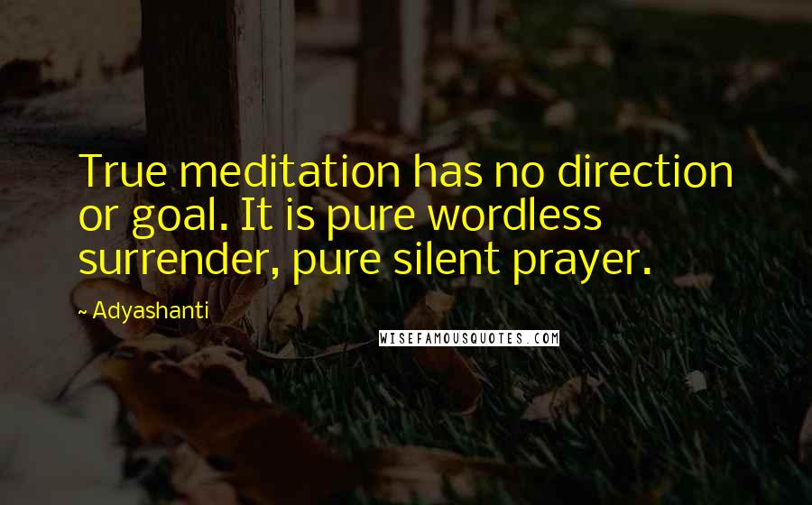 Adyashanti Quotes: True meditation has no direction or goal. It is pure wordless surrender, pure silent prayer.