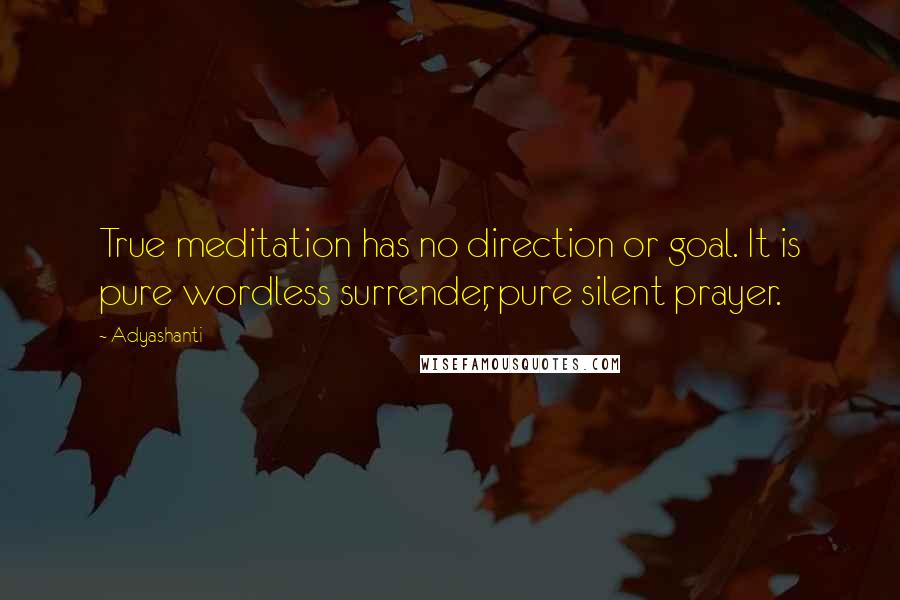 Adyashanti Quotes: True meditation has no direction or goal. It is pure wordless surrender, pure silent prayer.