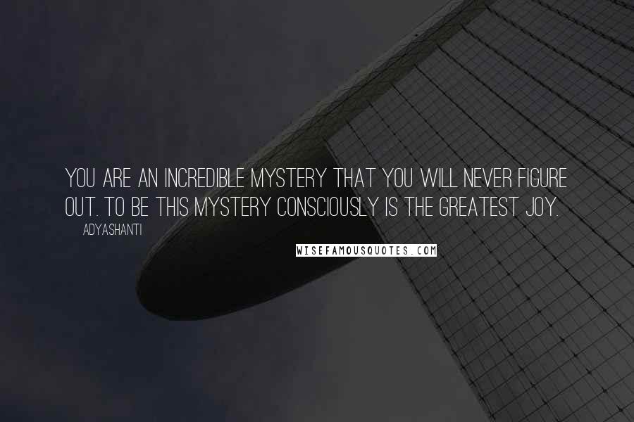 Adyashanti Quotes: You are an incredible mystery that you will never figure out. To be this mystery consciously is the greatest joy.