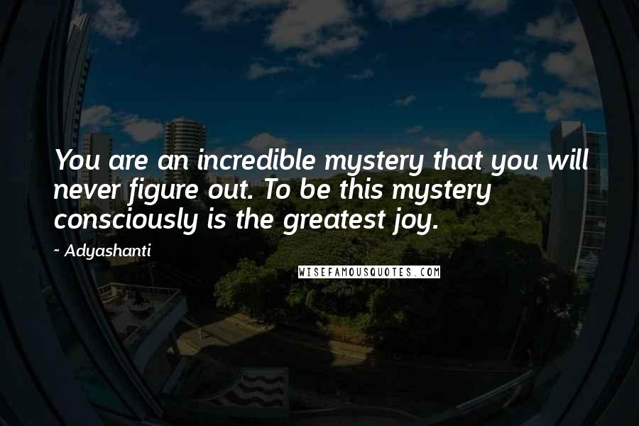 Adyashanti Quotes: You are an incredible mystery that you will never figure out. To be this mystery consciously is the greatest joy.