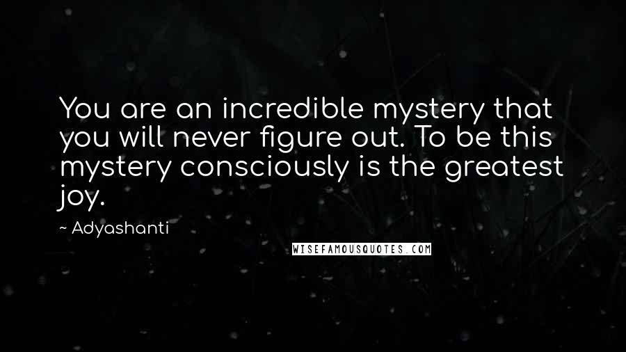 Adyashanti Quotes: You are an incredible mystery that you will never figure out. To be this mystery consciously is the greatest joy.