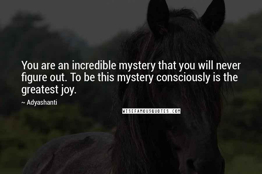 Adyashanti Quotes: You are an incredible mystery that you will never figure out. To be this mystery consciously is the greatest joy.