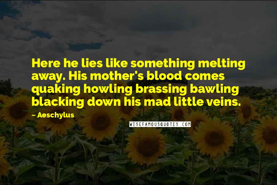 Aeschylus Quotes: Here he lies like something melting away. His mother's blood comes quaking howling brassing bawling blacking down his mad little veins.