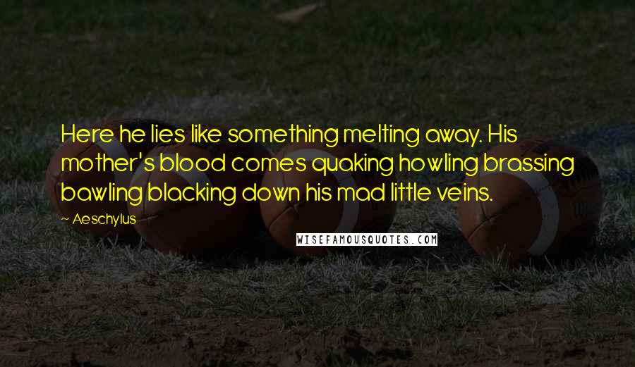 Aeschylus Quotes: Here he lies like something melting away. His mother's blood comes quaking howling brassing bawling blacking down his mad little veins.