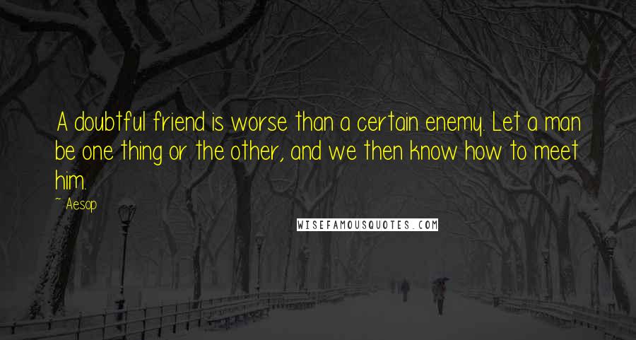 Aesop Quotes: A doubtful friend is worse than a certain enemy. Let a man be one thing or the other, and we then know how to meet him.