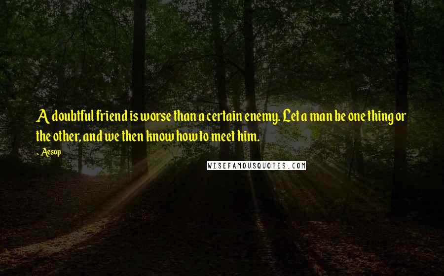 Aesop Quotes: A doubtful friend is worse than a certain enemy. Let a man be one thing or the other, and we then know how to meet him.