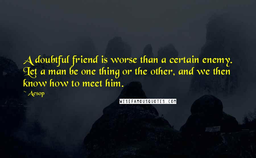 Aesop Quotes: A doubtful friend is worse than a certain enemy. Let a man be one thing or the other, and we then know how to meet him.