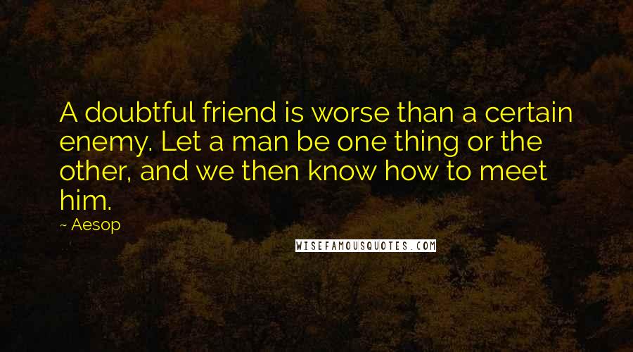Aesop Quotes: A doubtful friend is worse than a certain enemy. Let a man be one thing or the other, and we then know how to meet him.
