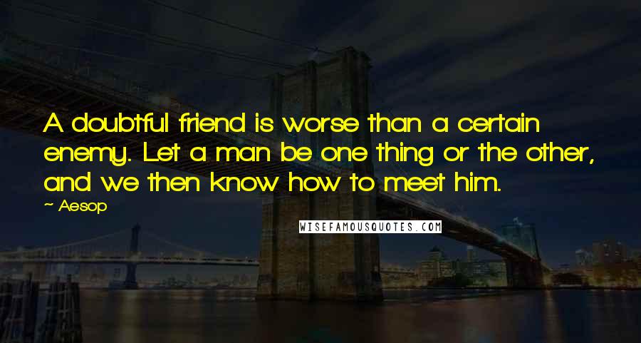 Aesop Quotes: A doubtful friend is worse than a certain enemy. Let a man be one thing or the other, and we then know how to meet him.