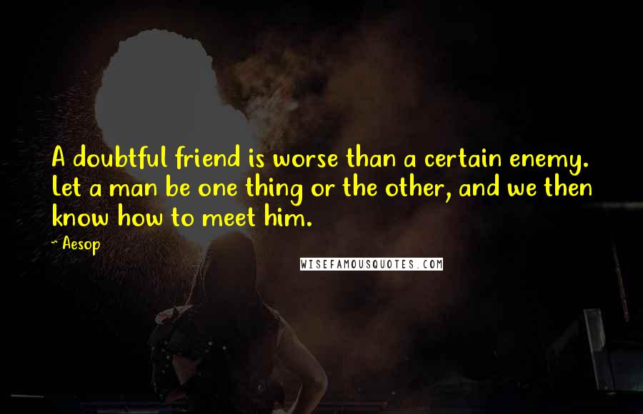 Aesop Quotes: A doubtful friend is worse than a certain enemy. Let a man be one thing or the other, and we then know how to meet him.