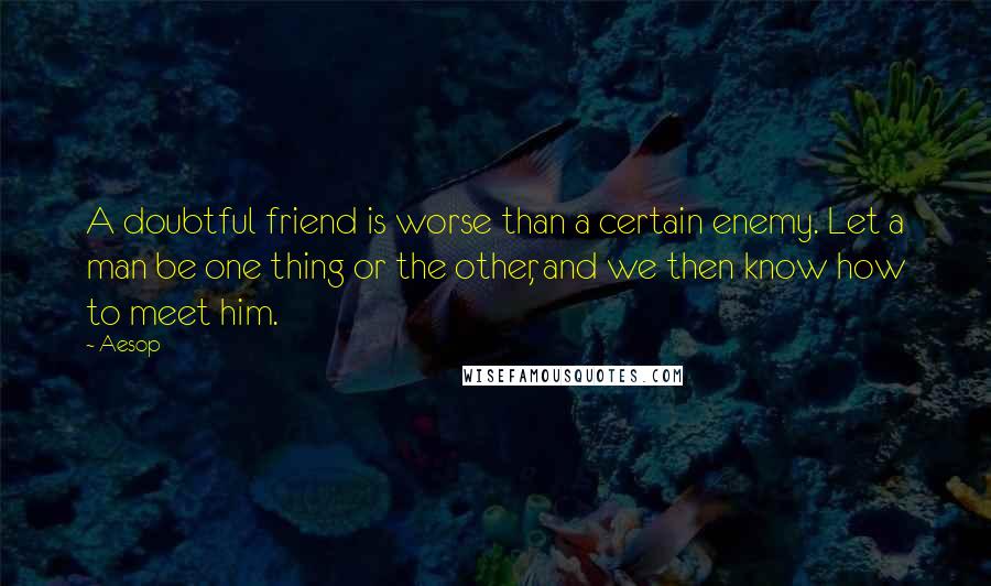 Aesop Quotes: A doubtful friend is worse than a certain enemy. Let a man be one thing or the other, and we then know how to meet him.