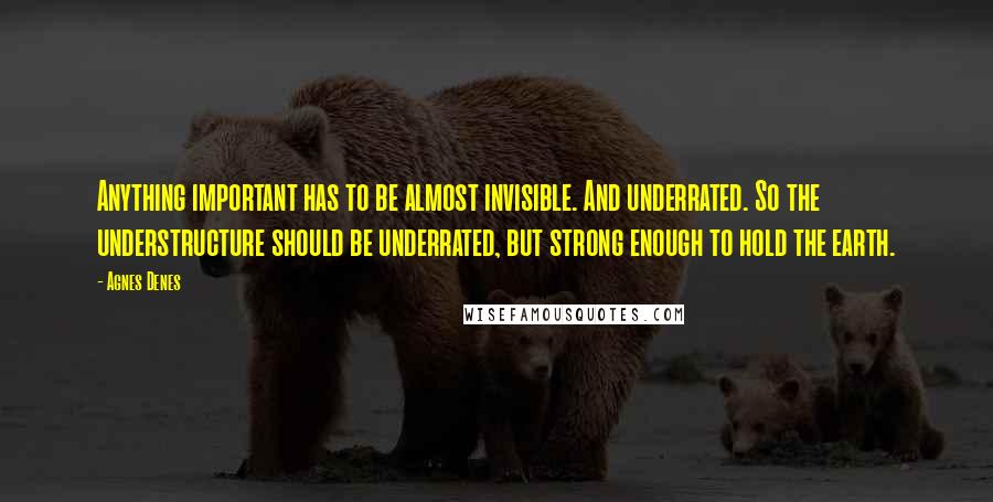 Agnes Denes Quotes: Anything important has to be almost invisible. And underrated. So the understructure should be underrated, but strong enough to hold the earth.