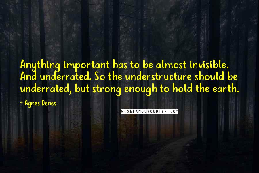 Agnes Denes Quotes: Anything important has to be almost invisible. And underrated. So the understructure should be underrated, but strong enough to hold the earth.