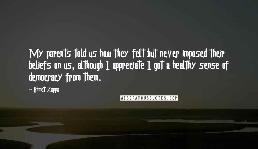 Ahmet Zappa Quotes: My parents told us how they felt but never imposed their beliefs on us, although I appreciate I got a healthy sense of democracy from them.
