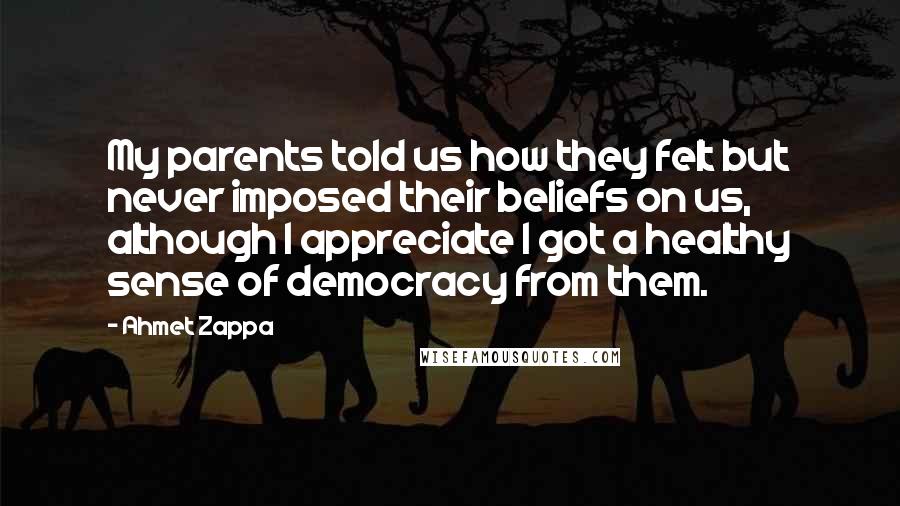 Ahmet Zappa Quotes: My parents told us how they felt but never imposed their beliefs on us, although I appreciate I got a healthy sense of democracy from them.