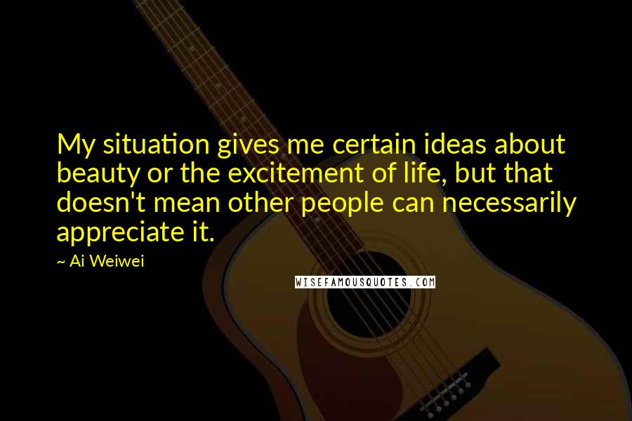 Ai Weiwei Quotes: My situation gives me certain ideas about beauty or the excitement of life, but that doesn't mean other people can necessarily appreciate it.