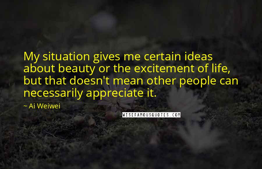 Ai Weiwei Quotes: My situation gives me certain ideas about beauty or the excitement of life, but that doesn't mean other people can necessarily appreciate it.