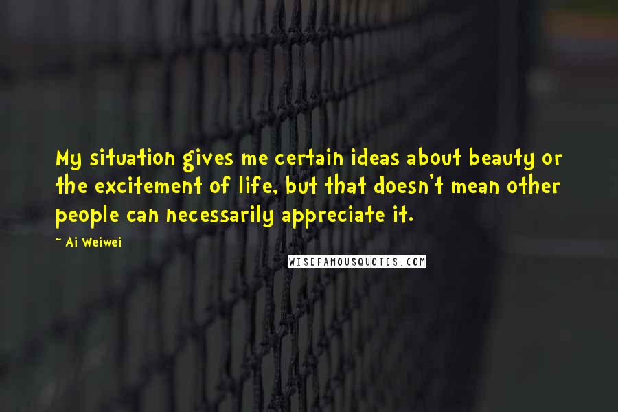 Ai Weiwei Quotes: My situation gives me certain ideas about beauty or the excitement of life, but that doesn't mean other people can necessarily appreciate it.