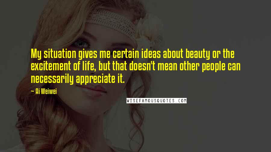 Ai Weiwei Quotes: My situation gives me certain ideas about beauty or the excitement of life, but that doesn't mean other people can necessarily appreciate it.