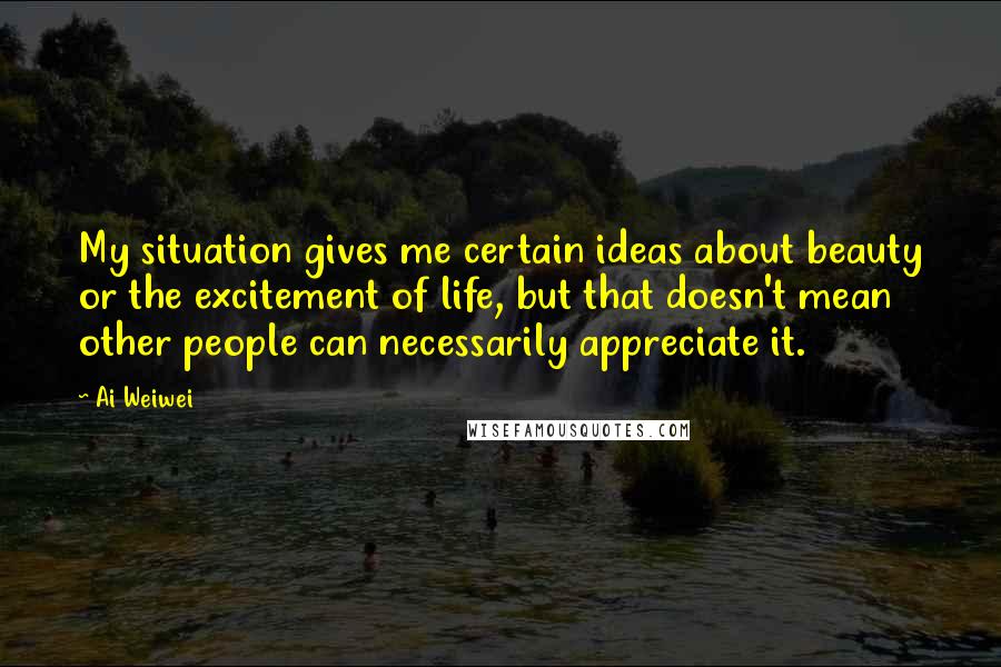 Ai Weiwei Quotes: My situation gives me certain ideas about beauty or the excitement of life, but that doesn't mean other people can necessarily appreciate it.